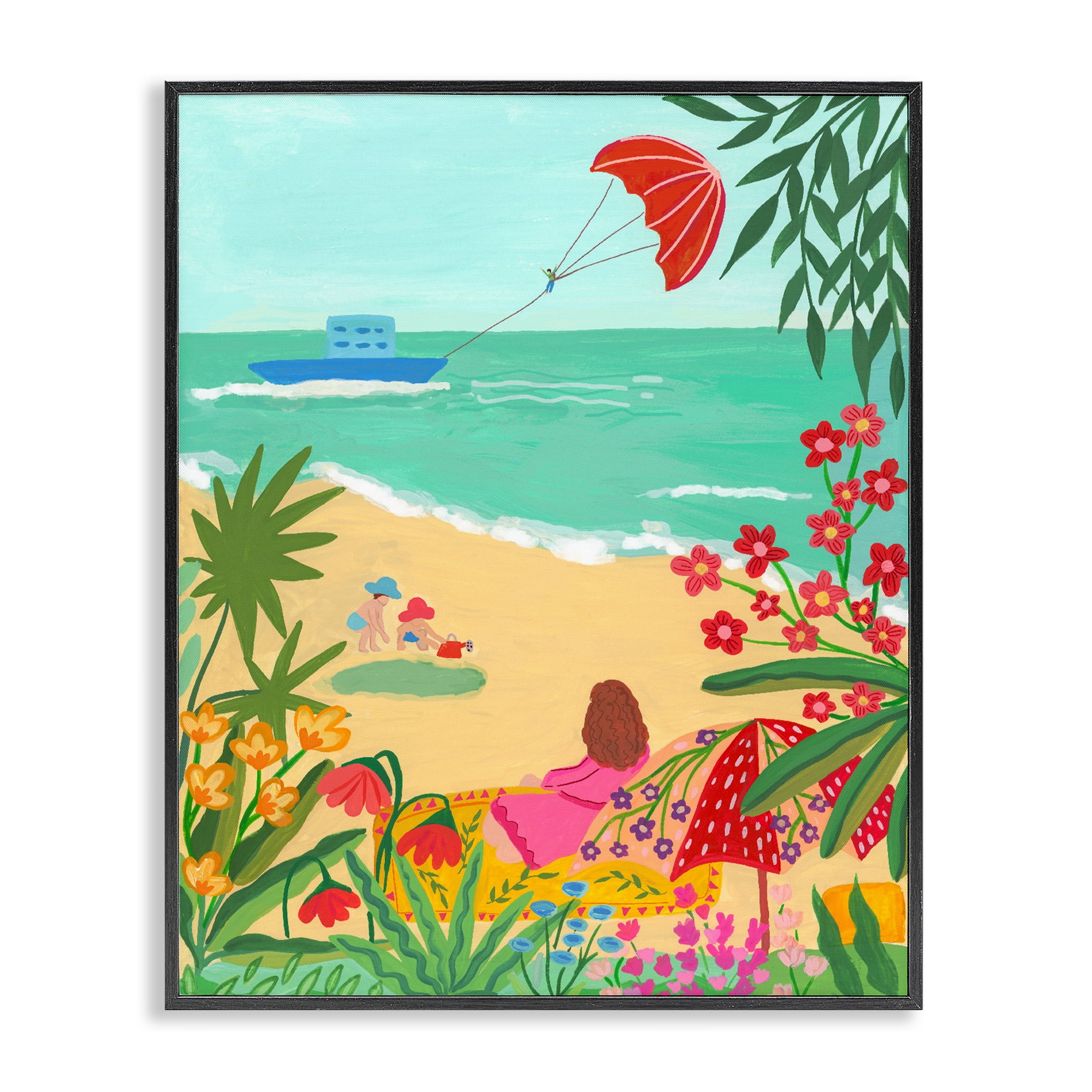 Beach And Flowers View Black Framed Giclee Art, design by Nabeela Rumi