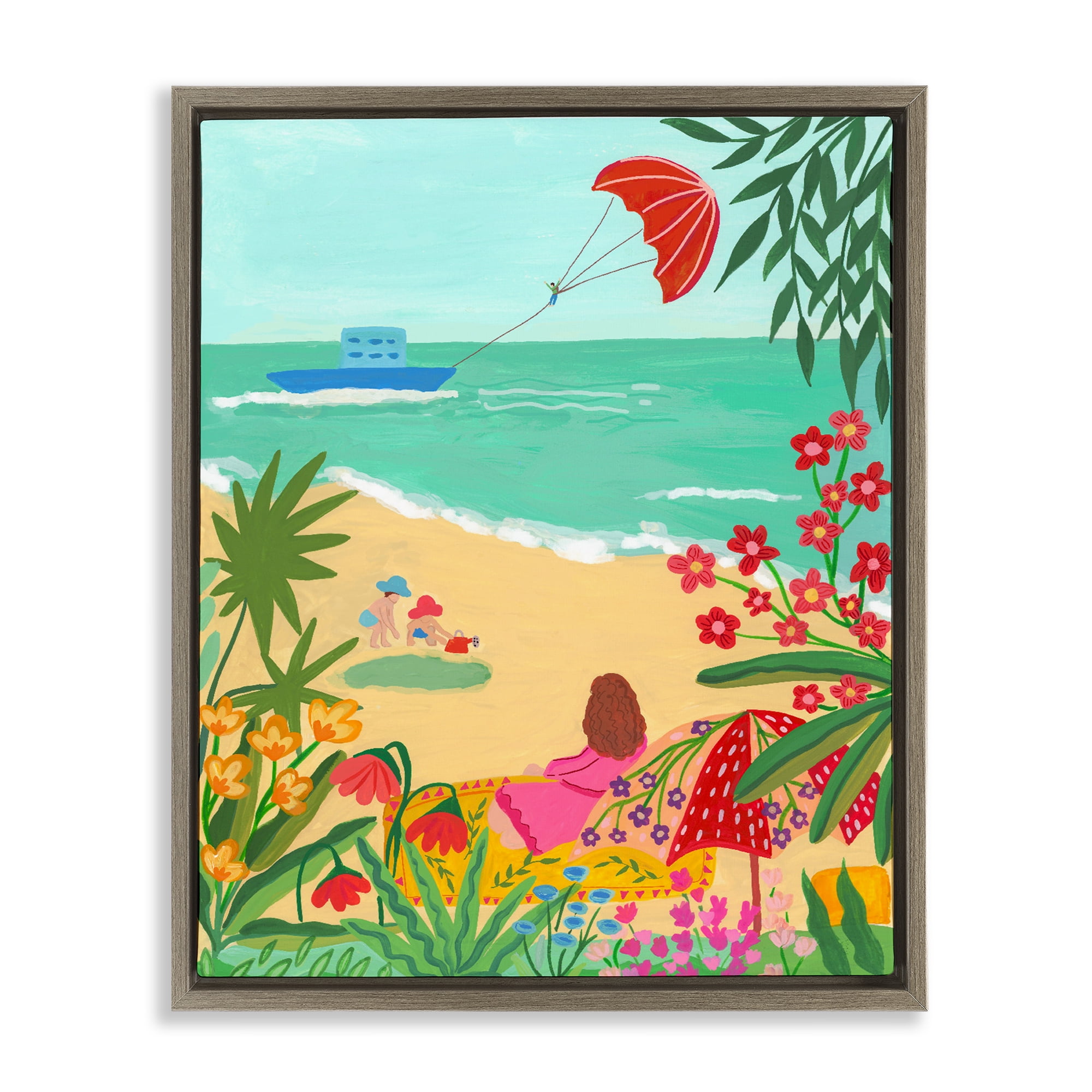 Beach And Flowers View Brown Framed Floater Canvas Wall Art, design by Nabeela Rumi