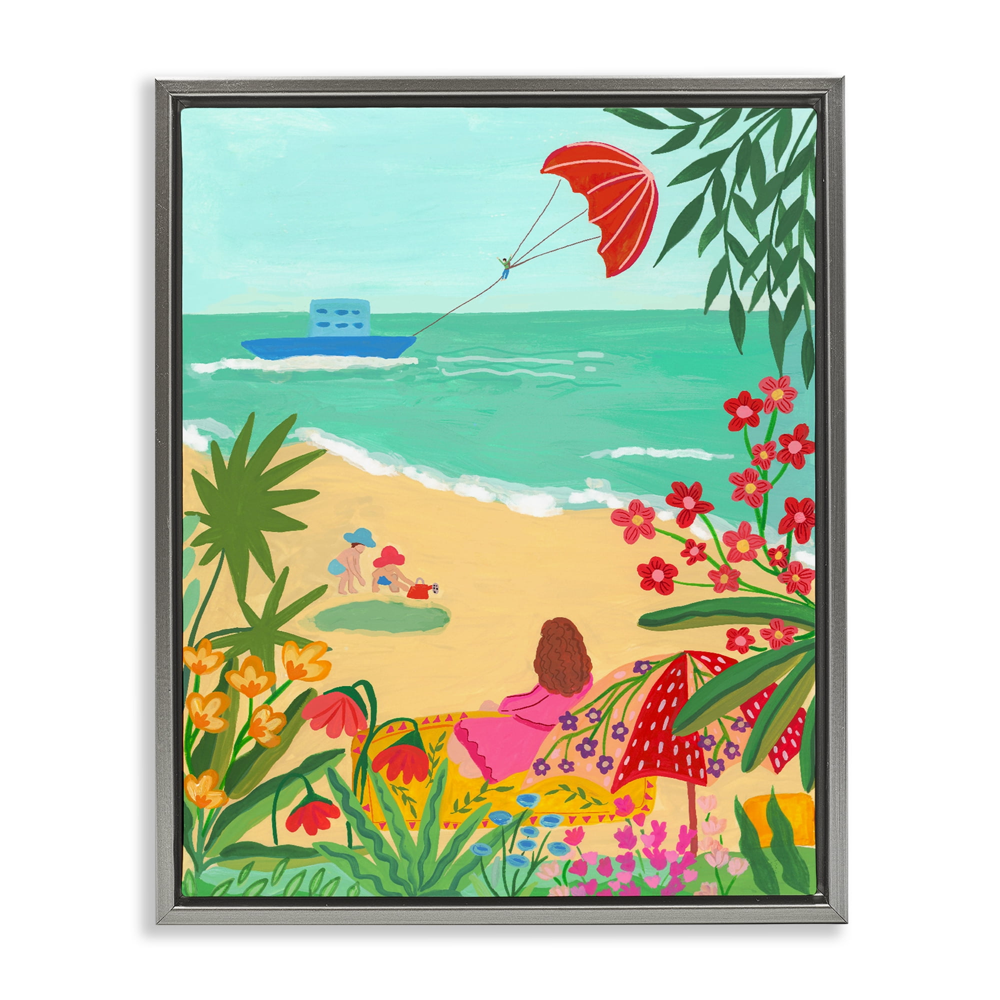 Beach And Flowers View Gray Framed Floater Canvas Wall Art, design by Nabeela Rumi