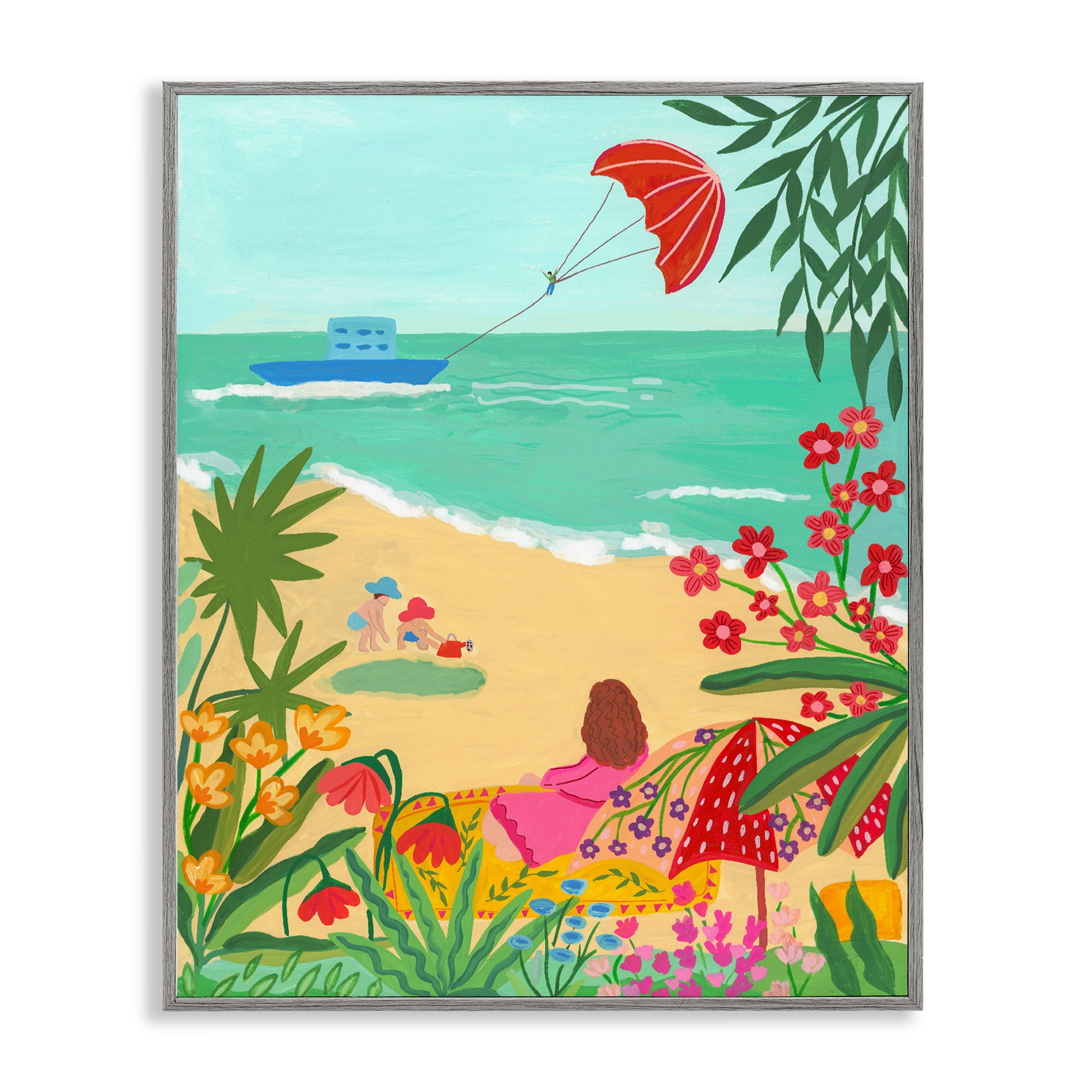 Beach And Flowers View Gray Framed Giclee Art, design by Nabeela Rumi