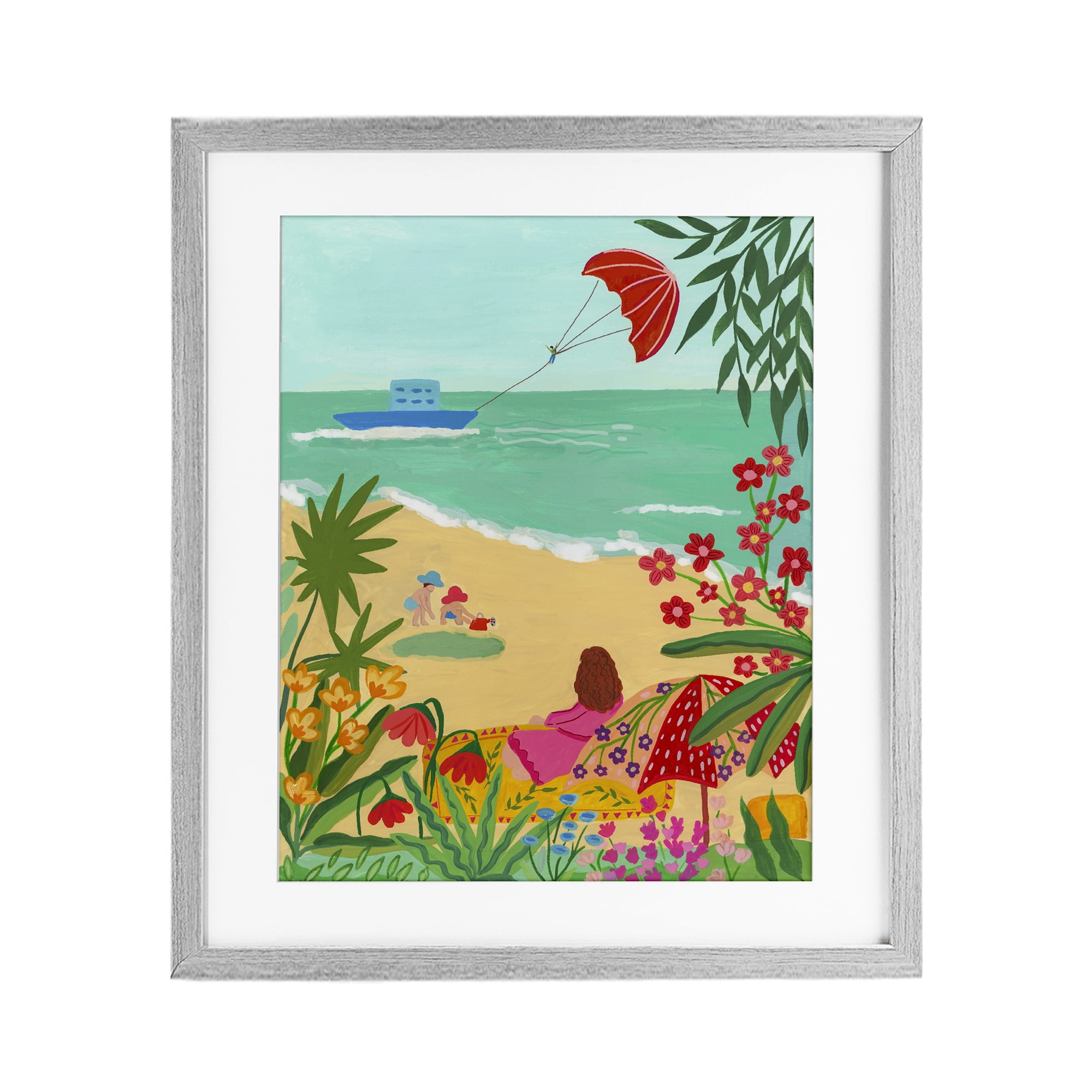 Beach And Flowers View Gray Framed Print Under Glass, design by Nabeela Rumi