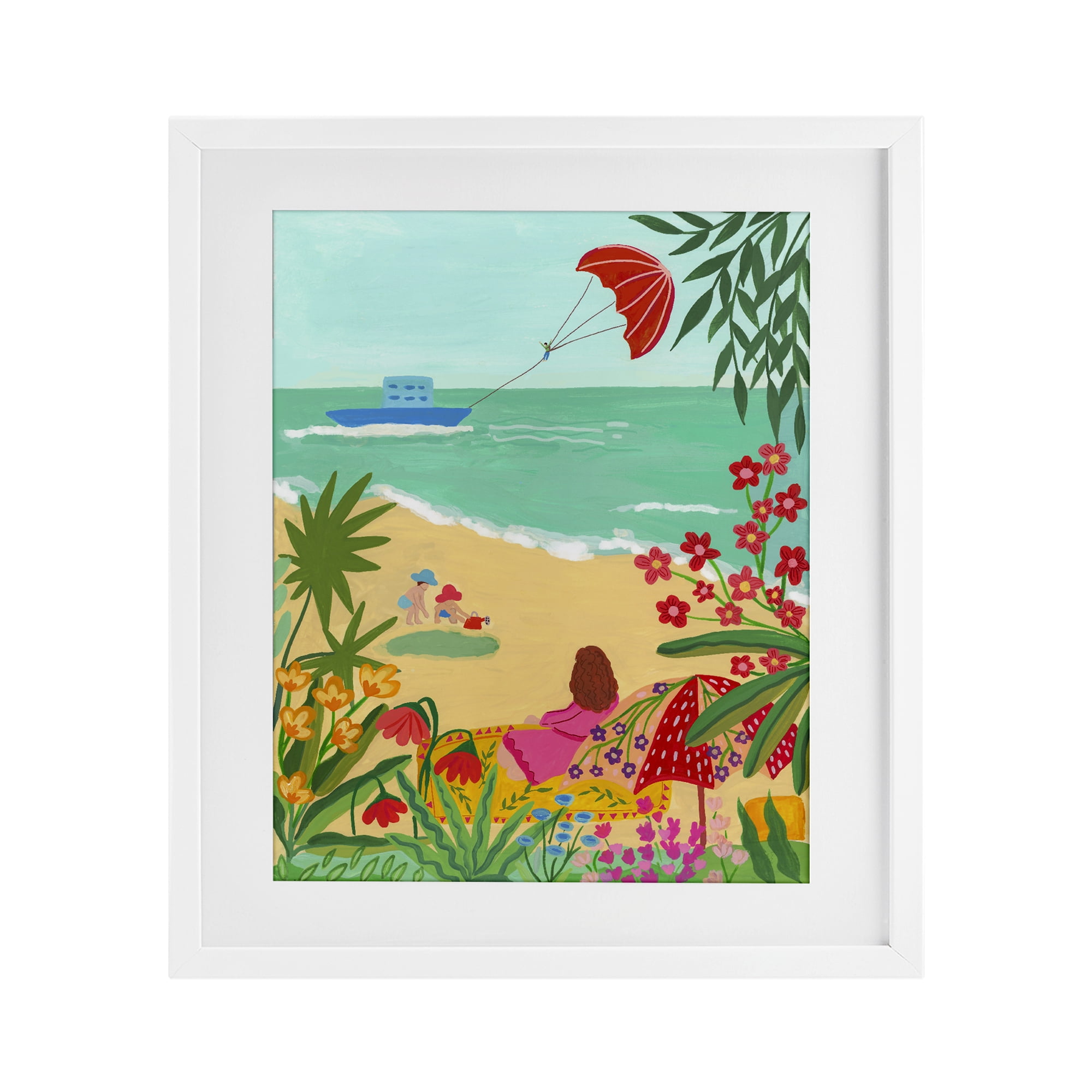 Beach And Flowers View White Framed Print Under Glass, design by Nabeela Rumi
