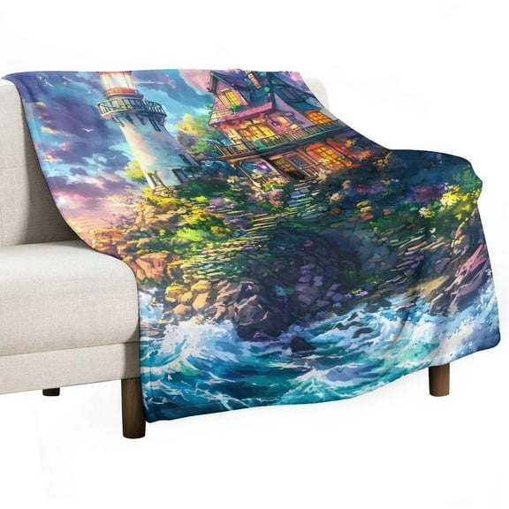 Beach And Lighthouse Super Soft Blanket Christmas Throw Blanket Flannel Microfiber Blankets for Couch Bed Sofa Fluffy and Warm 30"x40"