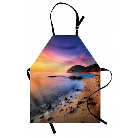 Beach Apron Famous Mediterranean Sun Rise on the Beach with Pebbles Tourism Serene View Print, Unisex Kitchen Bib Apron with Adjustable Neck for Cooking Baking Gardening, Multicolor, by Ambesonne