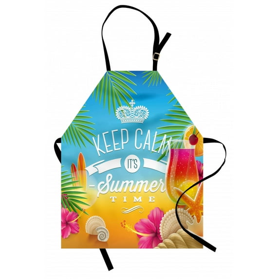 Beach Apron Its Summer Time Colorful Tropic Arrangement Surfing Holiday Exotic Palm Tree Pattern, Unisex Kitchen Bib Apron with Adjustable Neck for Cooking Baking Gardening, Multicolor, by Ambesonne