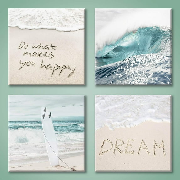Beach Artwork Coastal Wall Art: Crashing Wave & Surfboard Painting with Words on Sand Picture Prints on Canvas for Bedroom (12\u201d x 12\u201d x 4 Panels)