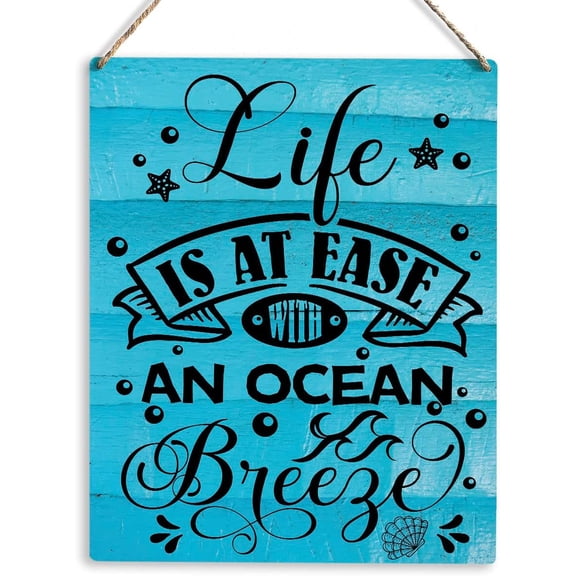 Beach Artwork Wood Sign Rustic Farmhouse Style Life is at Ease with an Ocean Breeze Wooden Sign Hanging Plaque 8x10 Inch Summer Home Decor for Presents
