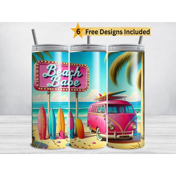 Beach Babe 20 oz Straight Skinny Tumbler, Summer, Surfboard Van, Reusable Travel Cup with Lid and Straw