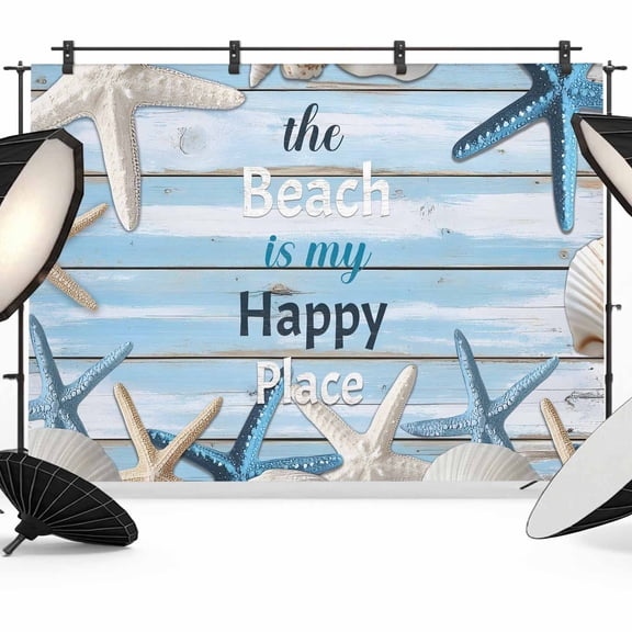 The Beach Backdrop for Photography, Is My Happy Place Starfish Shell Gradient Wood Grain Photo Backdrop Portrait Background Party Banner Photo Backgrounds for Studio Booth Props, 7x5ft