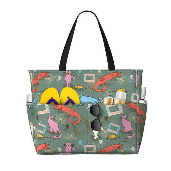Beach Bag For Women, Abstract Geometric Colorful Cat Beach Tote Bag Swim Pool Bag Large Tote With Pockets For Workout.