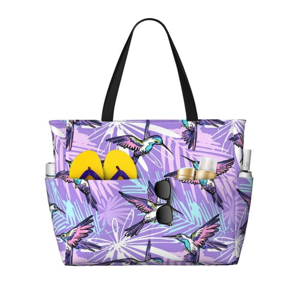 Beach Bag For Women, Abstract Hummingbird Purple Beach Tote Bag Swim Pool Bag Large Tote With Pockets For Workout.