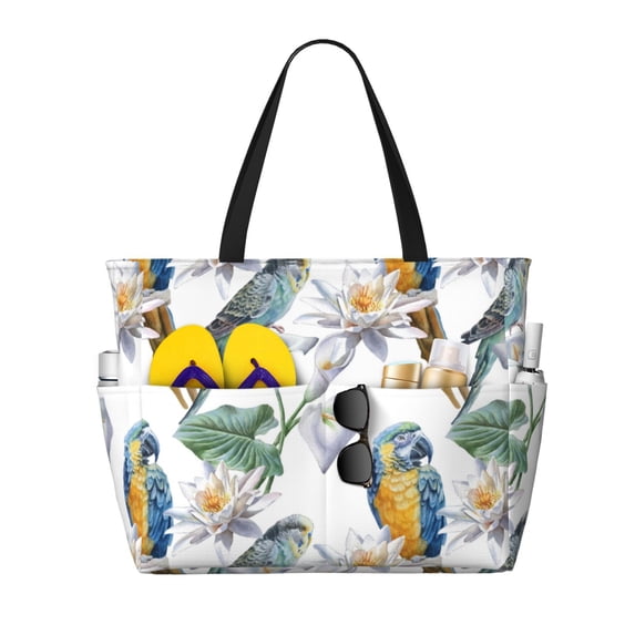Beach Bag For Women, Artistic Cute Parrot Flower Beach Tote Bag Swim Pool Bag Large Tote With Pockets For Workout.