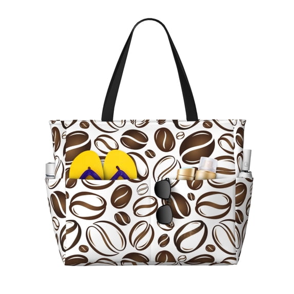 Beach Bag For Women, Brown White Coffee Bean Print Beach Tote Bag Swim Pool Bag Large Tote With Pockets For Workout.