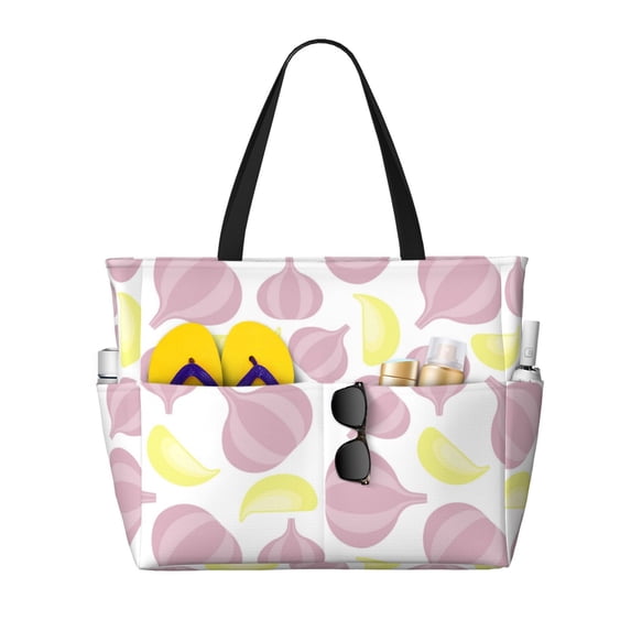 Beach Bag For Women, Cartoon Garlic Cloves Beach Tote Bag Swim Pool Bag Large Tote With Pockets For Workout.