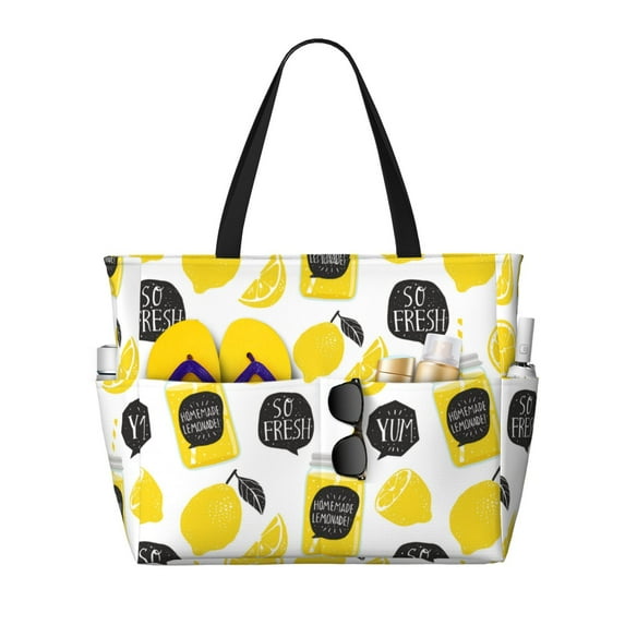 Beach Bag For Women, Cute Lemon Juice Beach Tote Bag Swim Pool Bag Large Tote With Pockets For Workout.