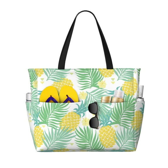 Beach Bag For Women, Cute Pineapple Green Leaves Flower Beach Tote Bag Swim Pool Bag Large Tote With Pockets For Workout.