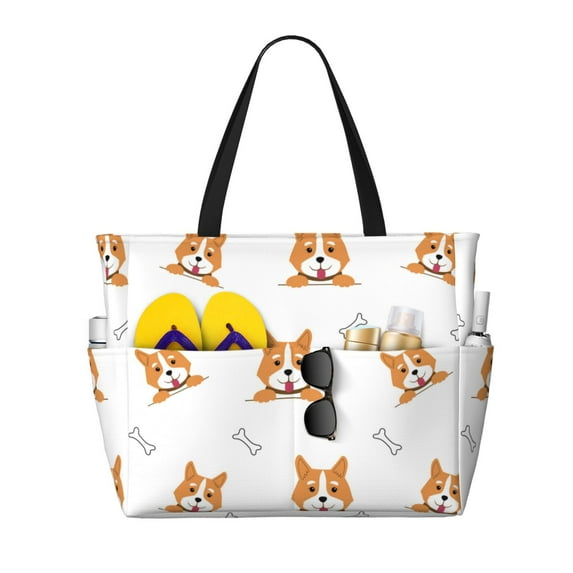 Beach Bag For Women, Funny Cute Corgi Dog Bones_A Beach Tote Bag Swim Pool Bag Large Tote With Pockets For Workout.