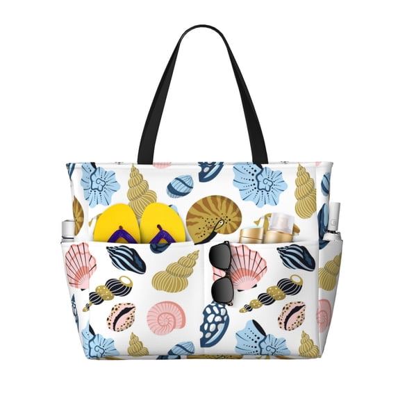 Beach Bag For Women, Golden Pink Blue Shell Conch Beach Tote Bag Swim Pool Bag Large Tote With Pockets For Workout.