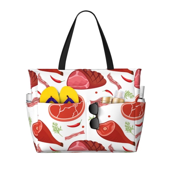 Beach Bag For Women, Ham Bacon Print Beach Tote Bag Swim Pool Bag Large Tote With Pockets For Workout.