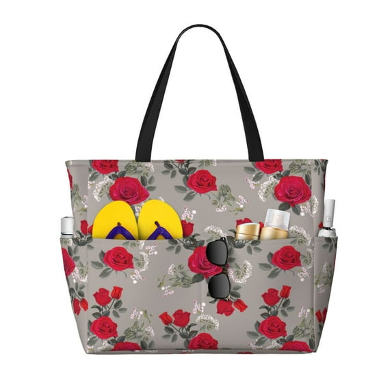 Beach Bag For Women, Red Rose Flowers Beach Tote Bag Swim Pool Bag Large Tote With Pockets For Workout.