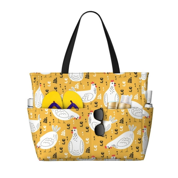 Beach Bag For Women, Rustic Lines Funny Chicken Yellow Beach Tote Bag Swim Pool Bag Large Tote With Pockets For Workout.