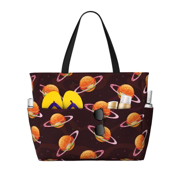 Beach Bag For Women, Space Hamburger Pattern Beach Tote Bag Swim Pool Bag Large Tote With Pockets For Workout.