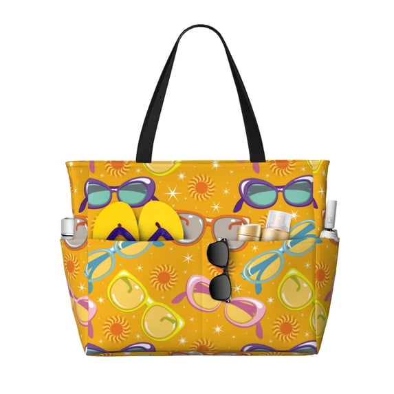 Beach Bag For Women, Sun Glasses Yellow Beach Tote Bag Swim Pool Bag Large Tote With Pockets For Workout.
