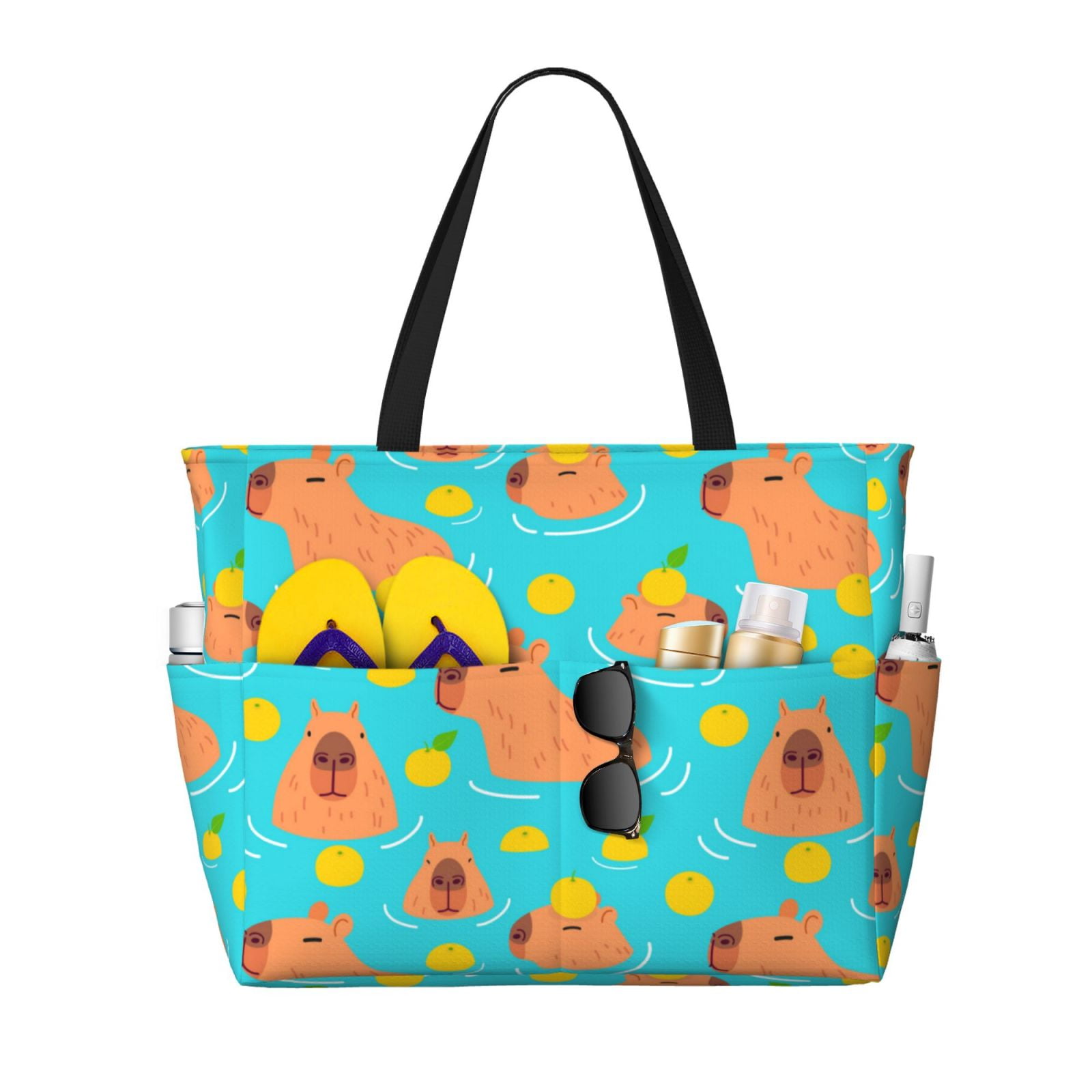 Beach Bag For Women, Swim Capybaras Orange Beach Tote Bag Waterproof , Swim Pool Bag Large Tote