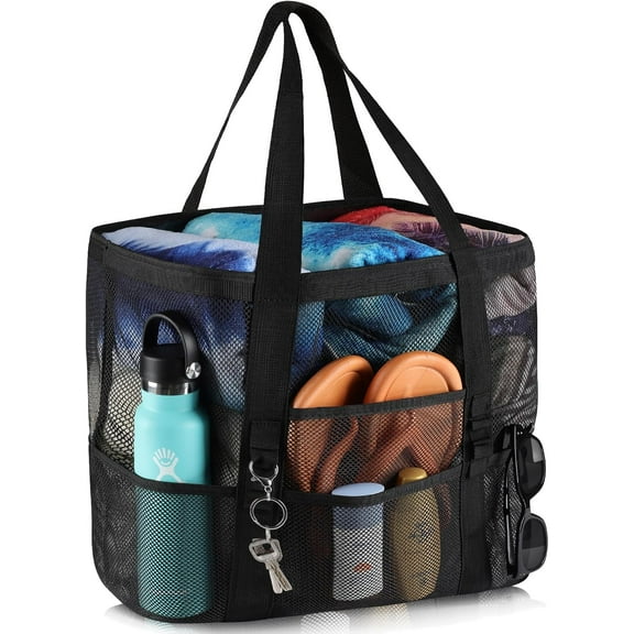 Beach Bag - Mesh Beach Bag Large 8 Pockets, Beach Tote Bag Beach Essentials for Vacation Must Haves