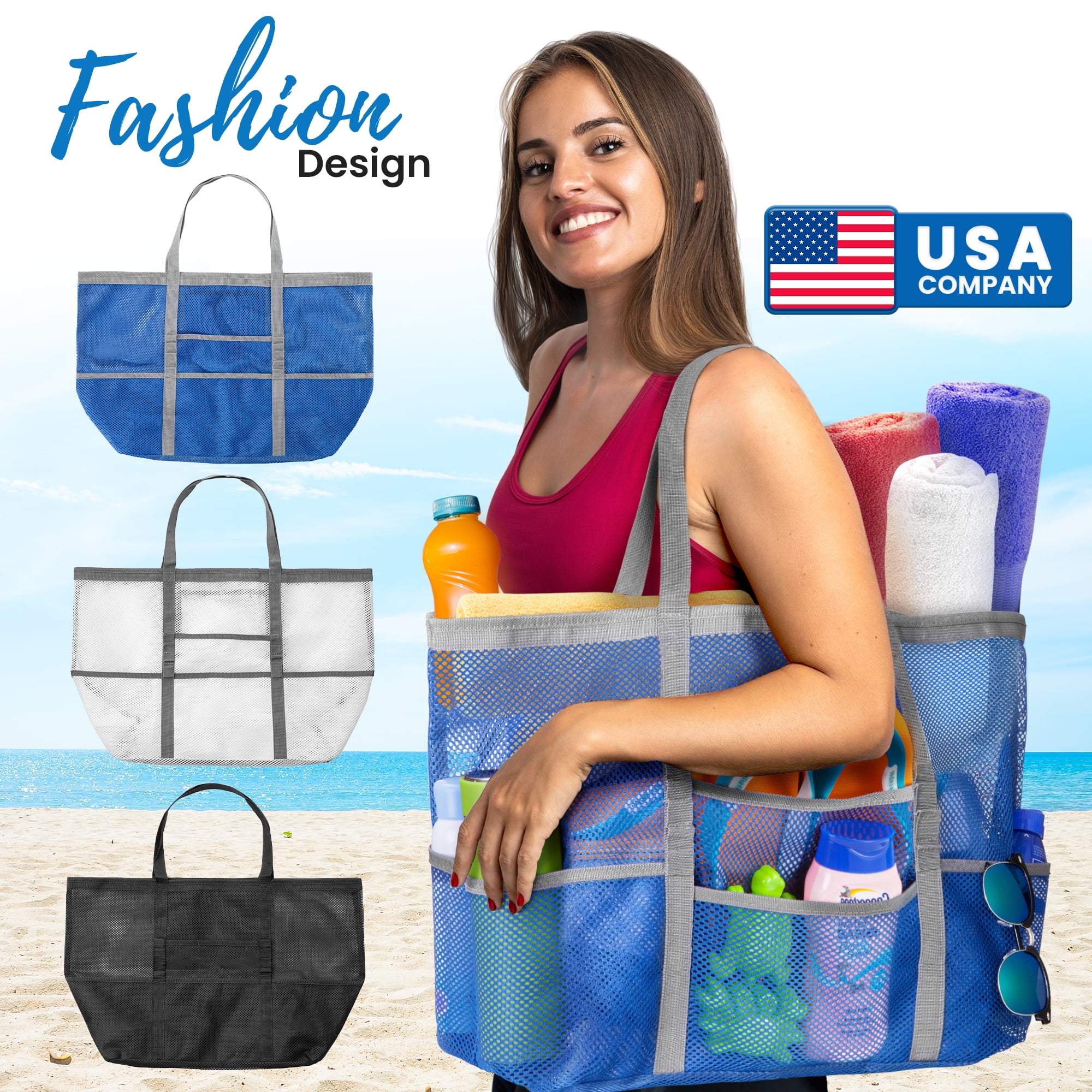 LavaPop Extra Summer Sand Proof Beach Bag Large Mesh Tote with 10 Pockets Inner Zip Walmart