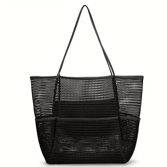 Beach Bag, Mesh Tote Bag for Women, Casual Foldable Shoulder Bag for Travel, Pool, Family Vacation, Black