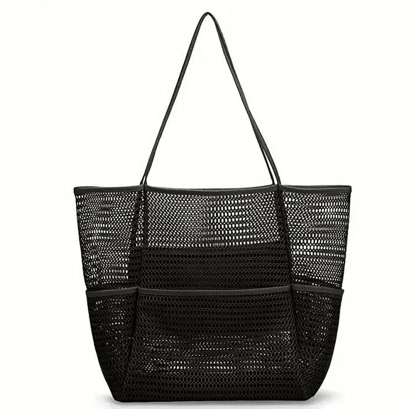 Beach Bag, Mesh Tote Bag for Women, Casual Foldable Shoulder Bag for Travel, Pool, Family Vacation, Black