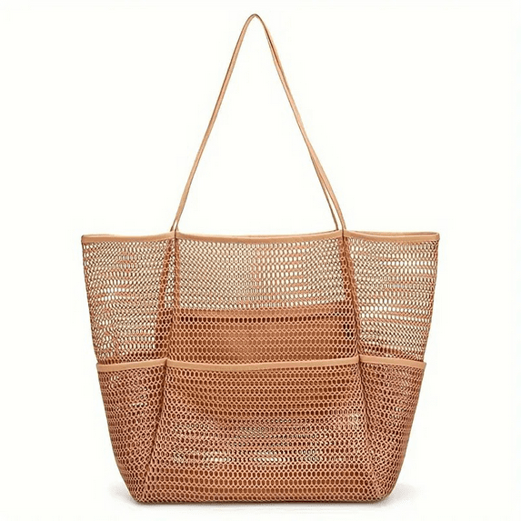 Beach Bag, Mesh Tote Bag for Women, Casual Foldable Shoulder Bag for Travel, Pool, Family Vacation, Brown