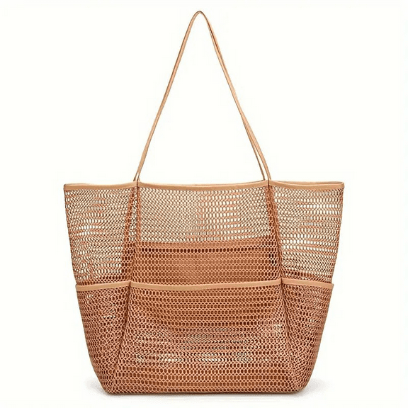 Beach Bag, Mesh Tote Bag for Women, Casual Foldable Shoulder Bag for Travel, Pool, Family Vacation, Brown