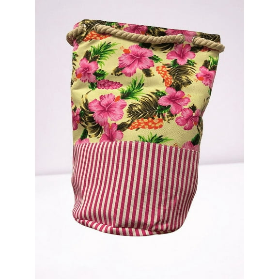 Beach Bag - Pink stripes with Flowers - 20 Inch x 12 Inch - Women Swim Pool Bag Large Tote