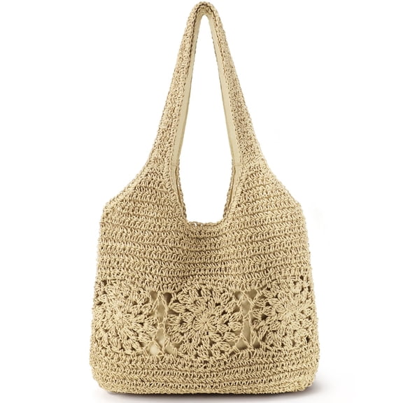 Beach Bag, Straw Beach Bags for Women, Floral Designed Beach Tote Lightweight Foldable Straw Bag