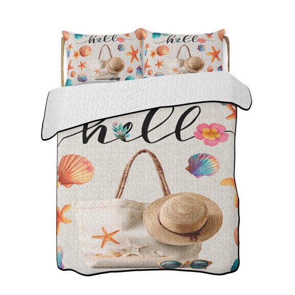 Beach Bag Summer 3 Piece Quilt Bedding Set with 2 Pillow Shams, Seashell Starfish Sunglasses Linen Lightweight Bedspread Coverlet, Soft Breathable All Season Quilt, 79 x 90 Inch