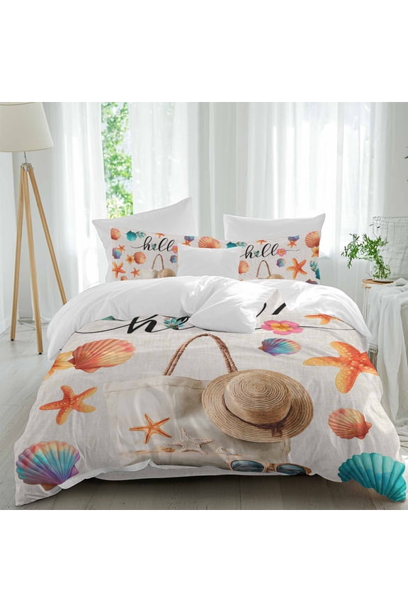 Beach Bag Summer Comforter Set Twin Size, Seashell Starfish Sunglasses Linen Soft Bedding Set for Man Woman, 4 Pieces Duvet Cover Set with Fitted Sheet, 2 Pillowcases