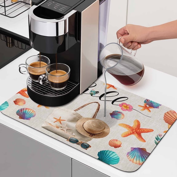 Beach Bag Summer Dish Drying Mats for Kitchen Counter, Seashell Starfish Sunglasses Linen Absorbent Coffee Bar Mat with Non-slip Rubber Backed Quick Drying Dish Rack Pad 12"x16"
