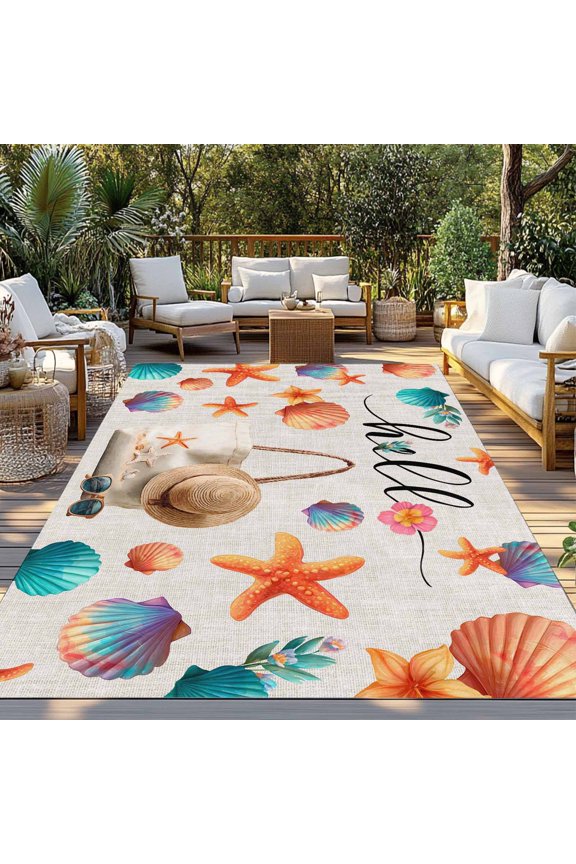 Beach Bag Summer Indoor Outdoor Rugs 3x5 Ft, Seashell Starfish Sunglasses Linen Outdoor Patio Rugs Mat Washable Outside Area Rugs Carpet for Porch Deck RV Camping Pool Balcony Backyard