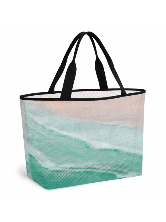 Beach Bag for Women Aqua Ocean Waves Mesh Tote Bag Ombre Beach Spray Sandproof Lightweight Travel Bags for Pool Handbag Travel Swim Picnic Shower Gym Vocation