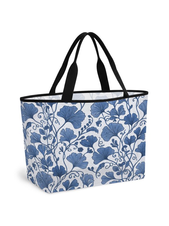 Beach Bag for Women Blue Ginkgo Leaves Mesh Tote Bag Floral Twist Stems Vines Sandproof Lightweight Travel Bags for Pool Handbag Travel Swim Picnic Shower Gym Vocation