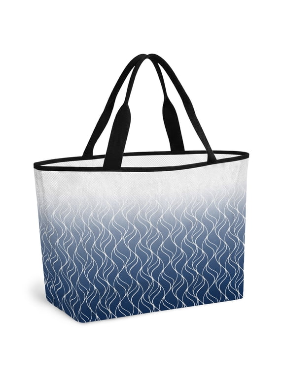 Beach Bag for Women Blue Ombre Stripes Mesh Tote Bag Wave Lines Striped Sandproof Lightweight Travel Bags for Pool Handbag Travel Swim Picnic Shower Gym Vocation