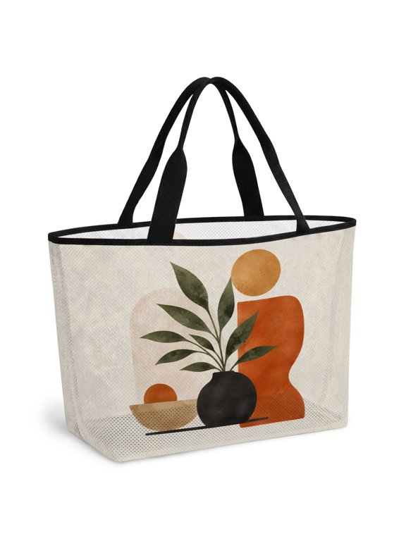 Beach Bag for Women Boho Layered Arches Mesh Tote Bag Bohemian Modern Green Leaves Sandproof Lightweight Travel Bags for Pool Handbag Travel Swim Picnic Shower Gym Vocation