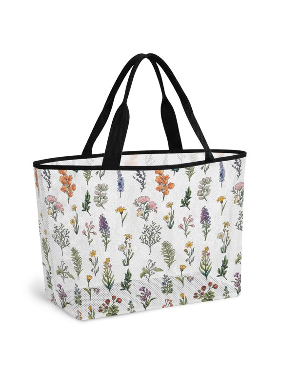 Beach Bag for Women Colorful Spring Wildflowers Mesh Tote Bag Bloom Petals Leaves Sandproof Lightweight Travel Bags for Pool Handbag Travel Swim Picnic Shower Gym Vocation
