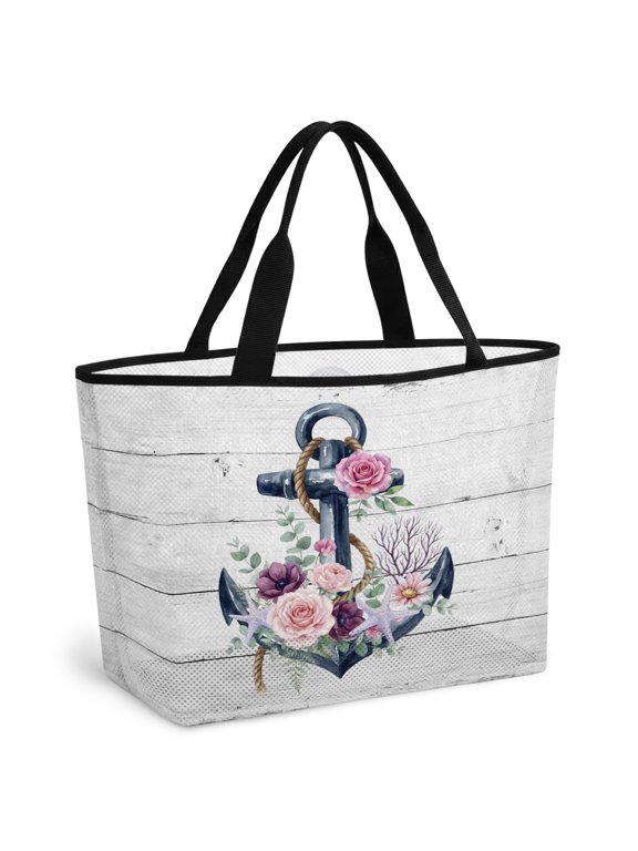 Beach Bag for Women Floral Nautical Anchor Mesh Tote Bag Rustic Retro Wood Grain Sandproof Lightweight Travel Bags for Pool Handbag Travel Swim Picnic Shower Gym Vocation