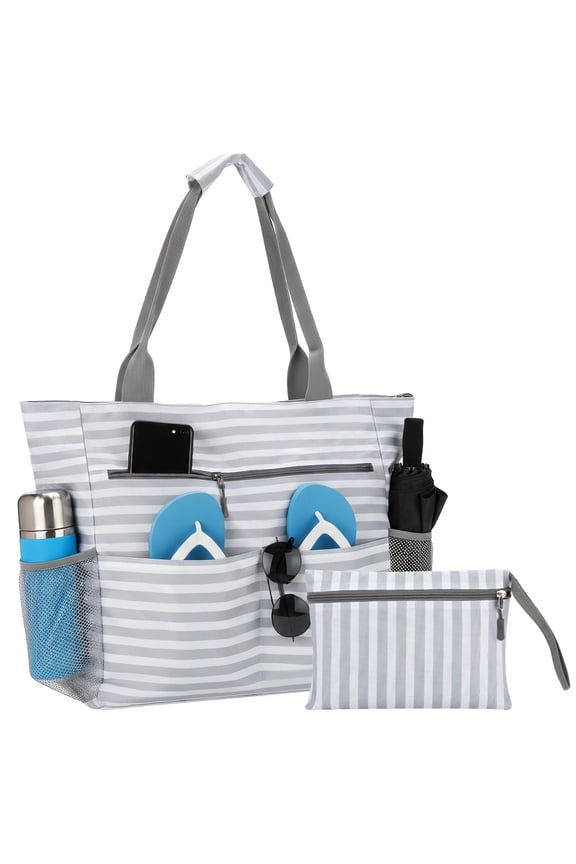 Beach Bag for Women, Foldable Waterproof Sandproof Tote with Wrist Pouch, Zipper Closure, Multiple Pockets, Multifunctional Organizer for Travel Gym, 16.5 x 15.4 x 5.9 in