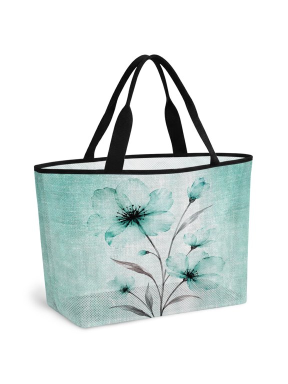 Beach Bag for Women Green Flower Vines Mesh Tote Bag Petals Floral Buds Blooms Sandproof Lightweight Travel Bags for Pool Handbag Travel Swim Picnic Shower Gym Vocation