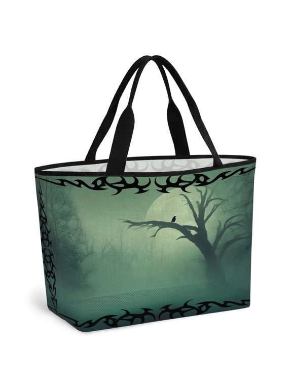 Beach Bag for Women Green Misty Forest Mesh Tote Bag Moon Crow Bare Tree Sandproof Lightweight Travel Bags for Pool Handbag Travel Swim Picnic Shower Gym Vocation