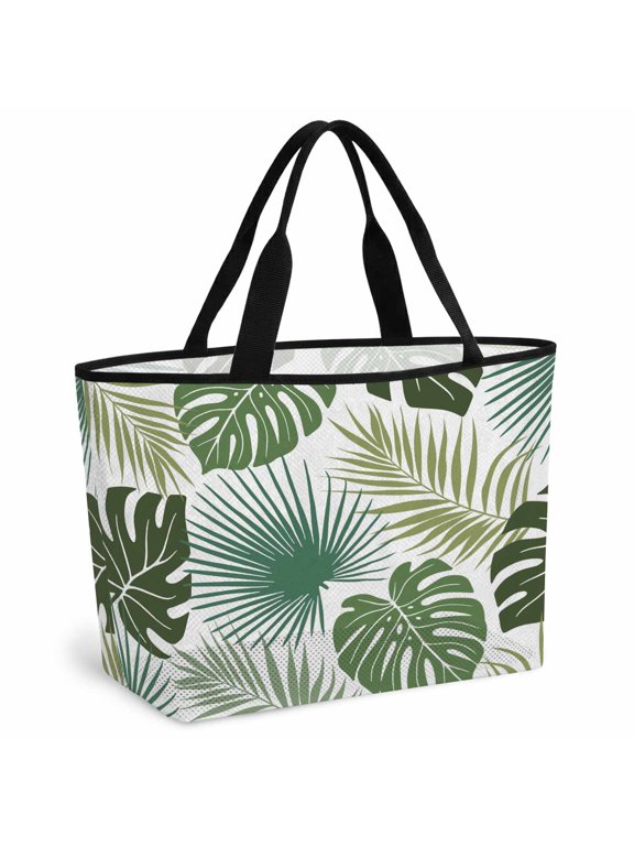 Beach Bag for Women Green Monstera Leaves Mesh Tote Bag Tropical Leaf Exotic Plants Sandproof Lightweight Travel Bags for Pool Handbag Travel Swim Picnic Shower Gym Vocation